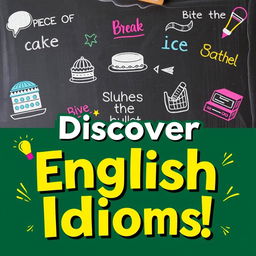 A visually appealing cover for a post about English idioms, featuring a chalkboard background with colorful chalk drawings of various idioms like 'Piece of cake', 'Break the ice', and 'Bite the bullet'