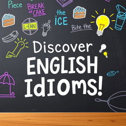 A visually appealing cover for a post about English idioms, featuring a chalkboard background with colorful chalk drawings of various idioms like 'Piece of cake', 'Break the ice', and 'Bite the bullet'