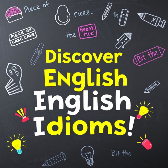 A visually appealing cover for a post about English idioms, featuring a chalkboard background with colorful chalk drawings of various idioms like 'Piece of cake', 'Break the ice', and 'Bite the bullet'