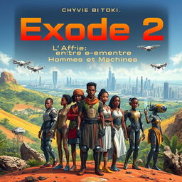 A striking science fiction book cover for "Exode 2: L'Afrique entre Hommes et Machines" by Chyvie Bitoki