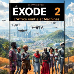 A striking science fiction book cover for "Exode 2: L'Afrique entre Hommes et Machines" by Chyvie Bitoki