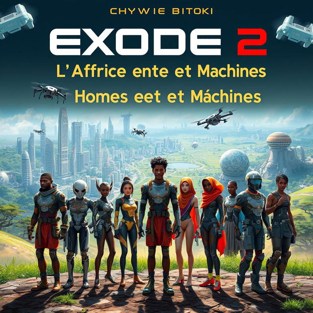 A striking science fiction book cover for "Exode 2: L'Afrique entre Hommes et Machines" by Chyvie Bitoki