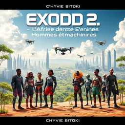 A striking science fiction book cover for "Exode 2: L'Afrique entre Hommes et Machines" by Chyvie Bitoki