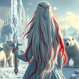 A fantastic princess with long white hair highlighted with vibrant red streaks, seen from the back