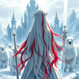 A fantastic princess with long white hair highlighted with vibrant red streaks, seen from the back