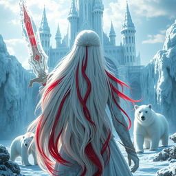 A fantastic princess with long white hair highlighted with vibrant red streaks, seen from the back