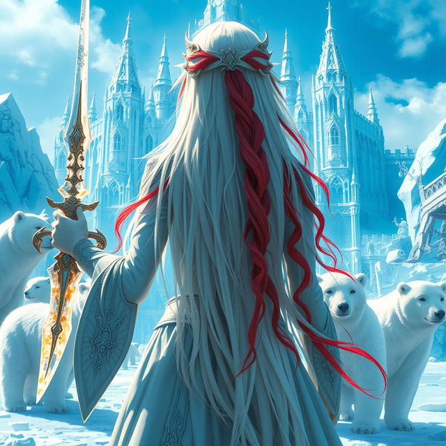 A fantastic princess with long white hair highlighted with vibrant red streaks, seen from the back