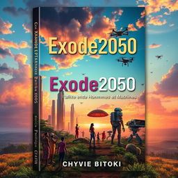 A captivating book cover design for the fictional novel 'Exode2050: l'Afrique entre Hommes et Machines' by Chyvie BITOKI