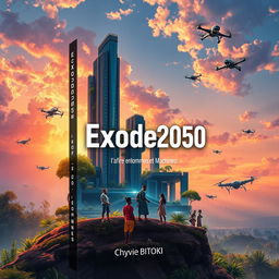 A captivating book cover design for the fictional novel 'Exode2050: l'Afrique entre Hommes et Machines' by Chyvie BITOKI