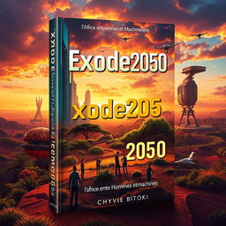 A captivating book cover design for the fictional novel 'Exode2050: l'Afrique entre Hommes et Machines' by Chyvie BITOKI