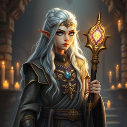 A female dwarf priestess with striking silver hair, wearing ornate, shimmering robes adorned with intricate golden patterns