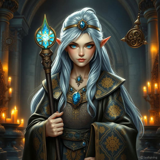 A female dwarf priestess with striking silver hair, wearing ornate, shimmering robes adorned with intricate golden patterns