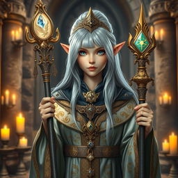 A female dwarf priestess with striking silver hair, wearing ornate, shimmering robes adorned with intricate golden patterns