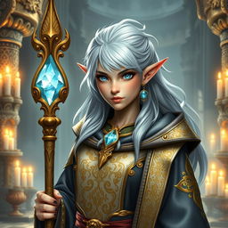 A female dwarf priestess with striking silver hair, wearing ornate, shimmering robes adorned with intricate golden patterns