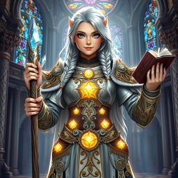 A silver-haired female dwarf priestess standing proudly in her ornate, intricately designed armor featuring celestial motifs