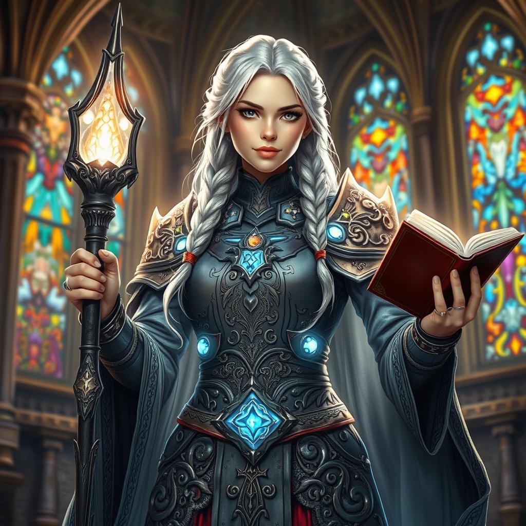 A silver-haired female dwarf priestess standing proudly in her ornate, intricately designed armor featuring celestial motifs