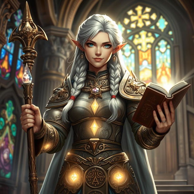 A silver-haired female dwarf priestess standing proudly in her ornate, intricately designed armor featuring celestial motifs