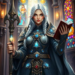 A silver-haired female dwarf priestess standing proudly in her ornate, intricately designed armor featuring celestial motifs