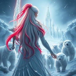 A central composition featuring a fantastic princess with long white hair accented with vibrant red streaks, seen from the back