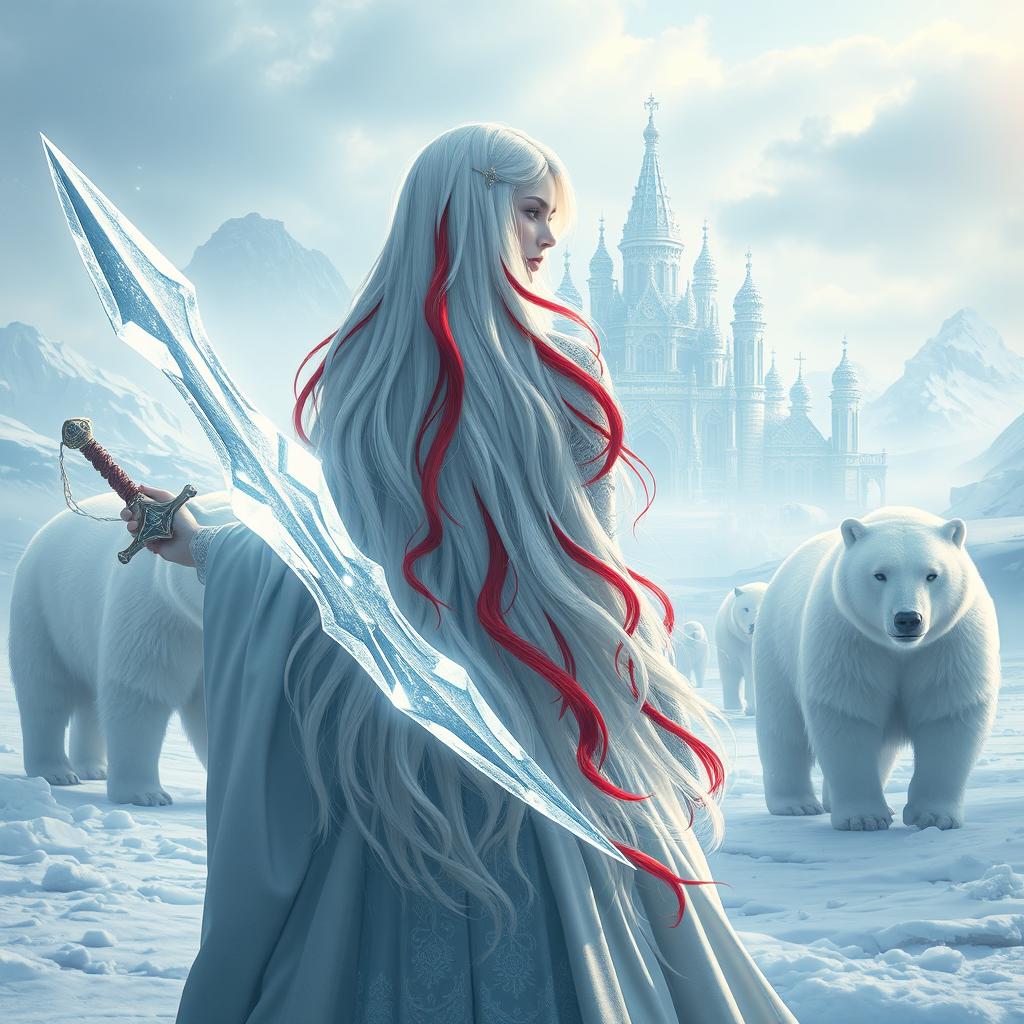 A central composition featuring a fantastic princess with long white hair accented with vibrant red streaks, seen from the back