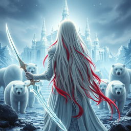 A central composition featuring a fantastic princess with long white hair accented with vibrant red streaks, seen from the back
