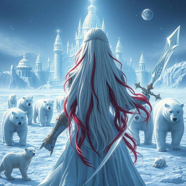 A central composition featuring a fantastic princess with long white hair accented with vibrant red streaks, seen from the back