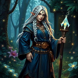 A silver-haired female dwarf wizard standing confidently in a mystical forest