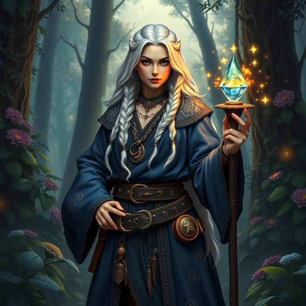 A silver-haired female dwarf wizard standing confidently in a mystical forest