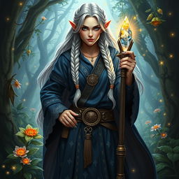 A silver-haired female dwarf wizard standing confidently in a mystical forest