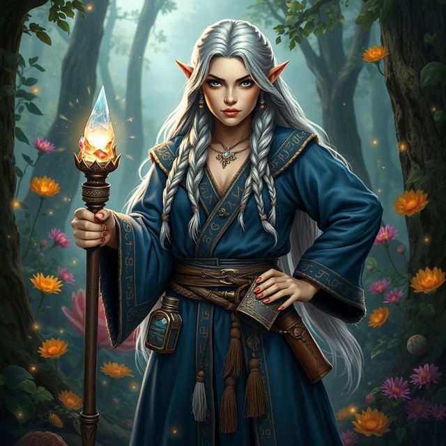 A silver-haired female dwarf wizard standing confidently in a mystical forest