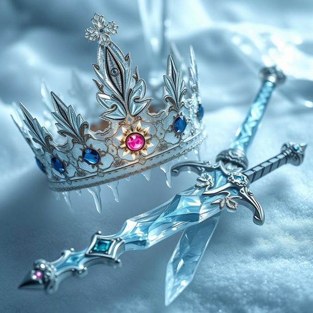 An exquisite crown made of shimmering ice, intricately designed with delicate frost patterns and sparkling icicles