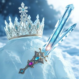 An exquisite crown made of shimmering ice, intricately designed with delicate frost patterns and sparkling icicles