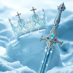 An exquisite crown made of shimmering ice, intricately designed with delicate frost patterns and sparkling icicles