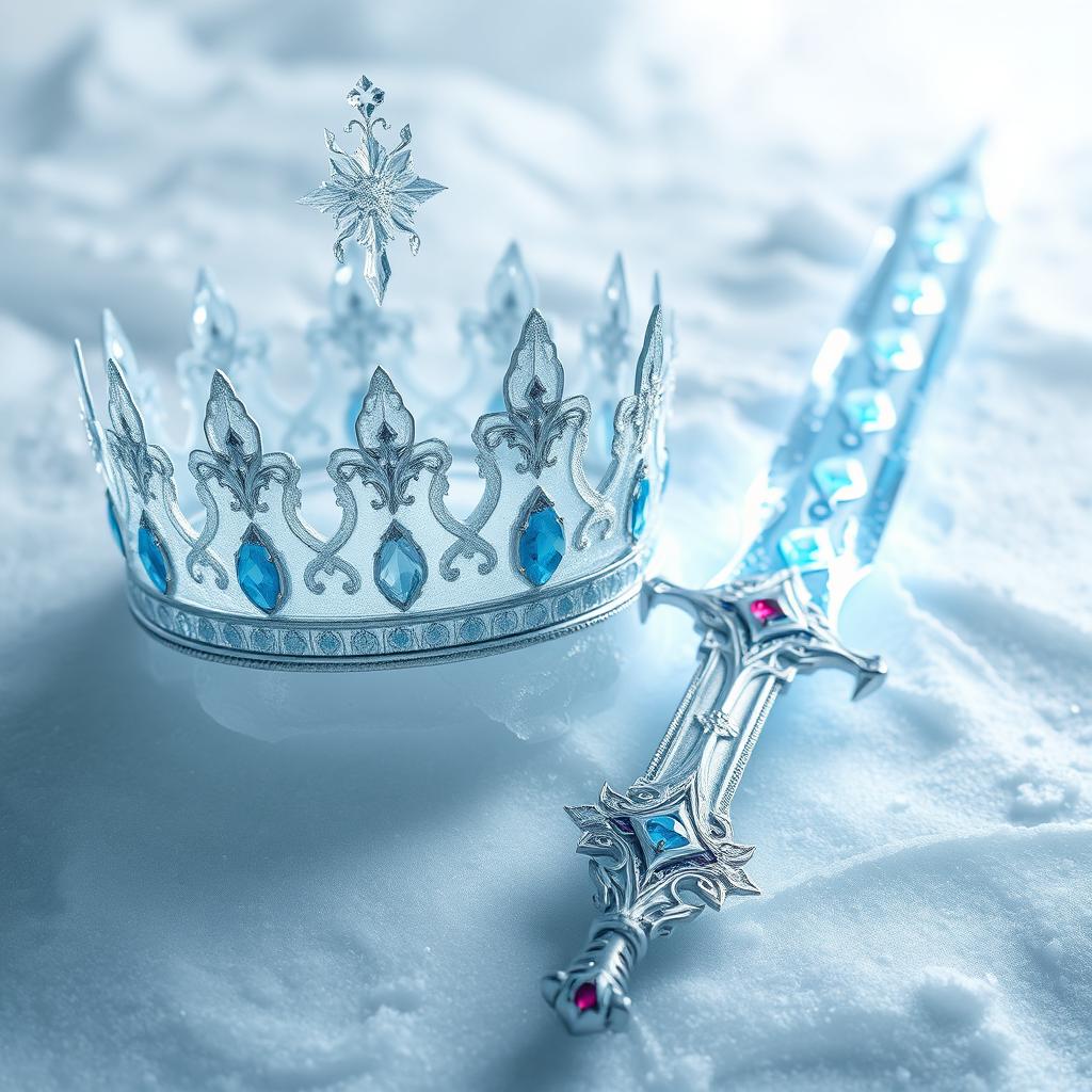 An exquisite crown made of shimmering ice, intricately designed with delicate frost patterns and sparkling icicles