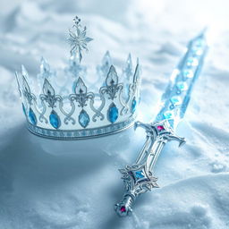 An exquisite crown made of shimmering ice, intricately designed with delicate frost patterns and sparkling icicles