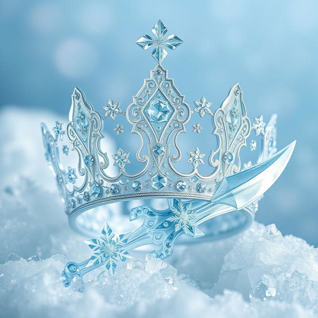 A captivating composition featuring a beautifully crafted crown and a stunning ice sword intertwined artistically