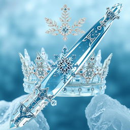 A captivating composition featuring a beautifully crafted crown and a stunning ice sword intertwined artistically