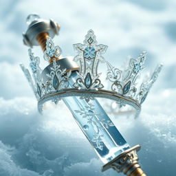 A captivating composition featuring a beautifully crafted crown and a stunning ice sword intertwined artistically