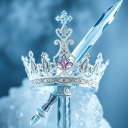 A captivating composition featuring a beautifully crafted crown and a stunning ice sword intertwined artistically