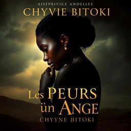 A dramatic novel cover design for 'Les Pleurs D'un Ange' by Chyvie BITOKI, featuring a powerful and emotional scene depicting an African woman in a contemplative pose, reflecting her difficult childhood