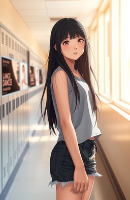 A young senior high school girl standing alone in a school hallway, visualizing herself as a graceful dance performer in a spotlight
