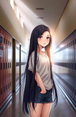 A young senior high school girl standing alone in a school hallway, visualizing herself as a graceful dance performer in a spotlight