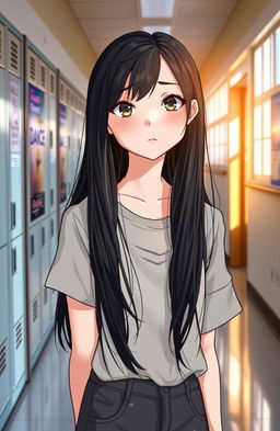 A young senior high school girl standing alone in a school hallway, visualizing herself as a graceful dance performer in a spotlight
