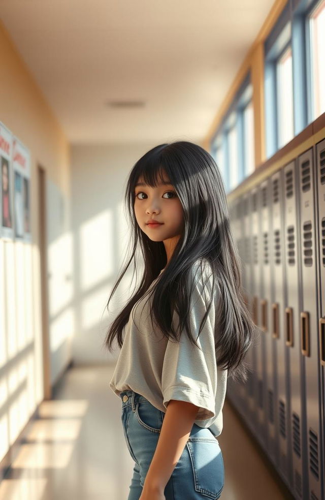 A young senior high school girl standing alone in a school hallway, visualizing herself as a graceful dance performer in a spotlight