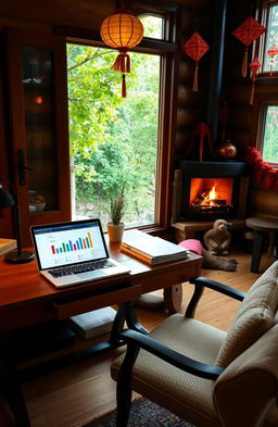 An inviting and cozy vacation homework scene showcasing a stylish home office setup in a mountain cabin during Dashain