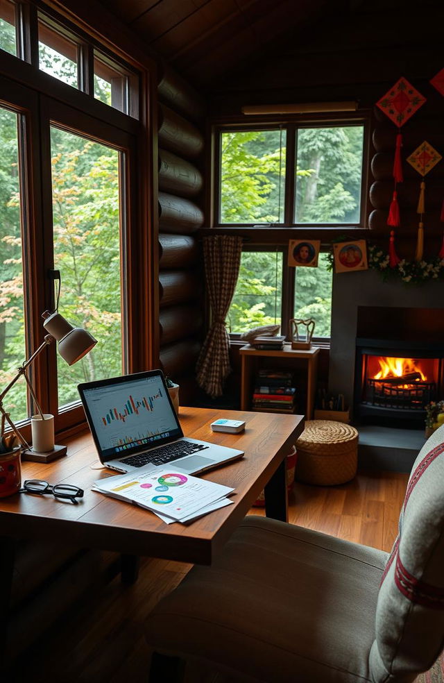 An inviting and cozy vacation homework scene showcasing a stylish home office setup in a mountain cabin during Dashain