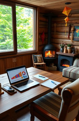 An inviting and cozy vacation homework scene showcasing a stylish home office setup in a mountain cabin during Dashain
