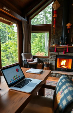 An inviting and cozy vacation homework scene showcasing a stylish home office setup in a mountain cabin during Dashain