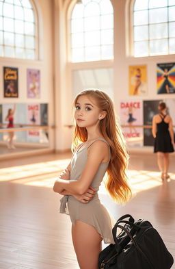 A young high school girl in a beautiful dance studio, looking contemplative yet hopeful as she watches her classmates audition for a dance performance
