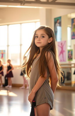 A young high school girl in a beautiful dance studio, looking contemplative yet hopeful as she watches her classmates audition for a dance performance